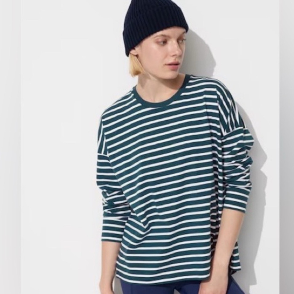 Uniqlo Smooth Cotton Oversized Long Sleeve T-Shirt – Teal & White Stripe